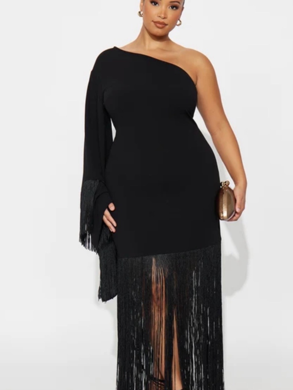 Fashion Nova One-Shoulder Black Fringe Maxi
